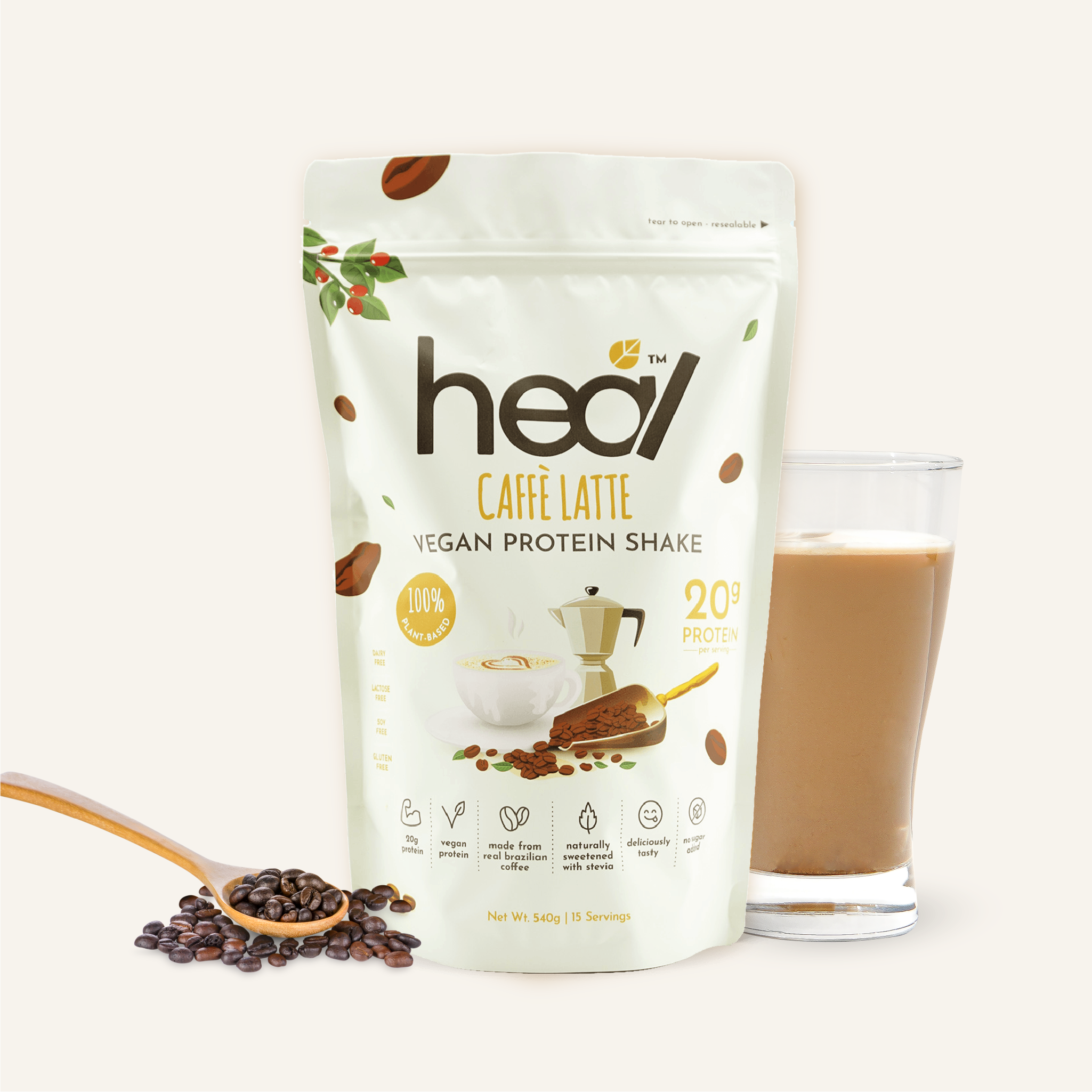 Heal Caffe Latte Vegan Protein Shake, 15 Servings Value Pack